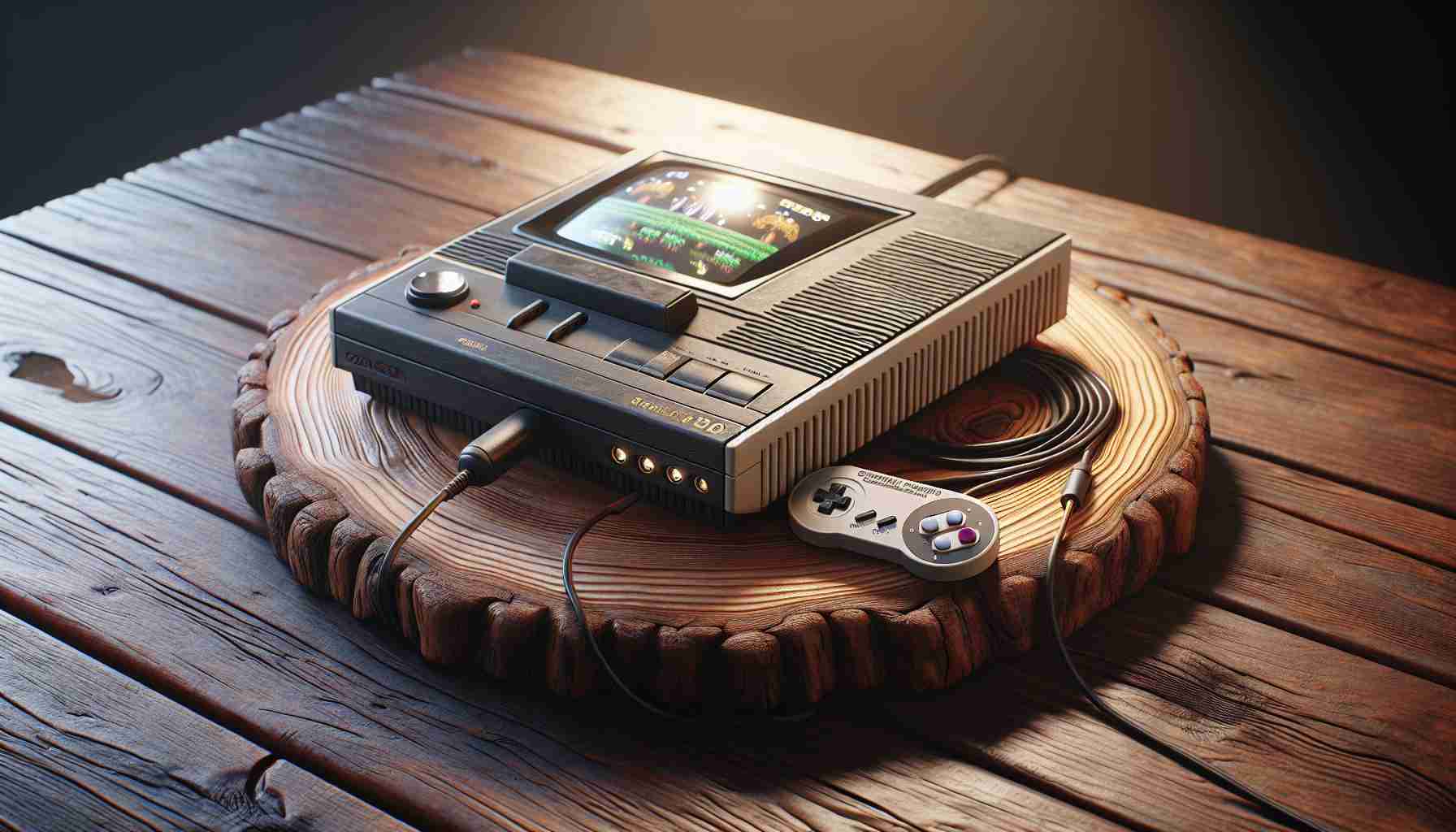 Create a realistic, high-definition image of a concept titled 'Reviving Nostalgia: The Analogue 3D Console'. This should be an old-fashioned gaming console, reminiscent of early video game systems, but with a modern twist: it is equipped with capabilities to run 3D games. Touches of wear and tear can be seen on the body reflecting its vintage essence. The console should be placed on an oak wood table with rich texture, strategically placed under soft light to accentuate its vintage charm. A 3D game is on the screen, indicating its advanced features.