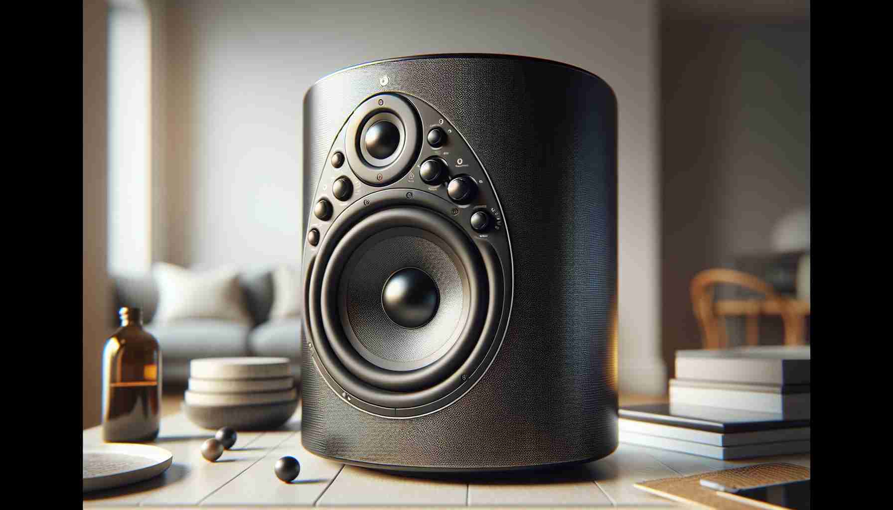 Generate a high definition, realistic image of a modern, high-end home speaker with multiple controls. It should feature round edges with a sleek design, typically associated with premium audio equipment. The speaker should appear to be situated in a domestic setting, possibly on a table or shelf, surrounded by common household objects to give it context. Keep the colors fairly neutral, perhaps black or silver, to reflect its modernistic design. Remember, this does not depict a specific brand or model, but is an artistic interpretation of a typical, high-end home speaker.