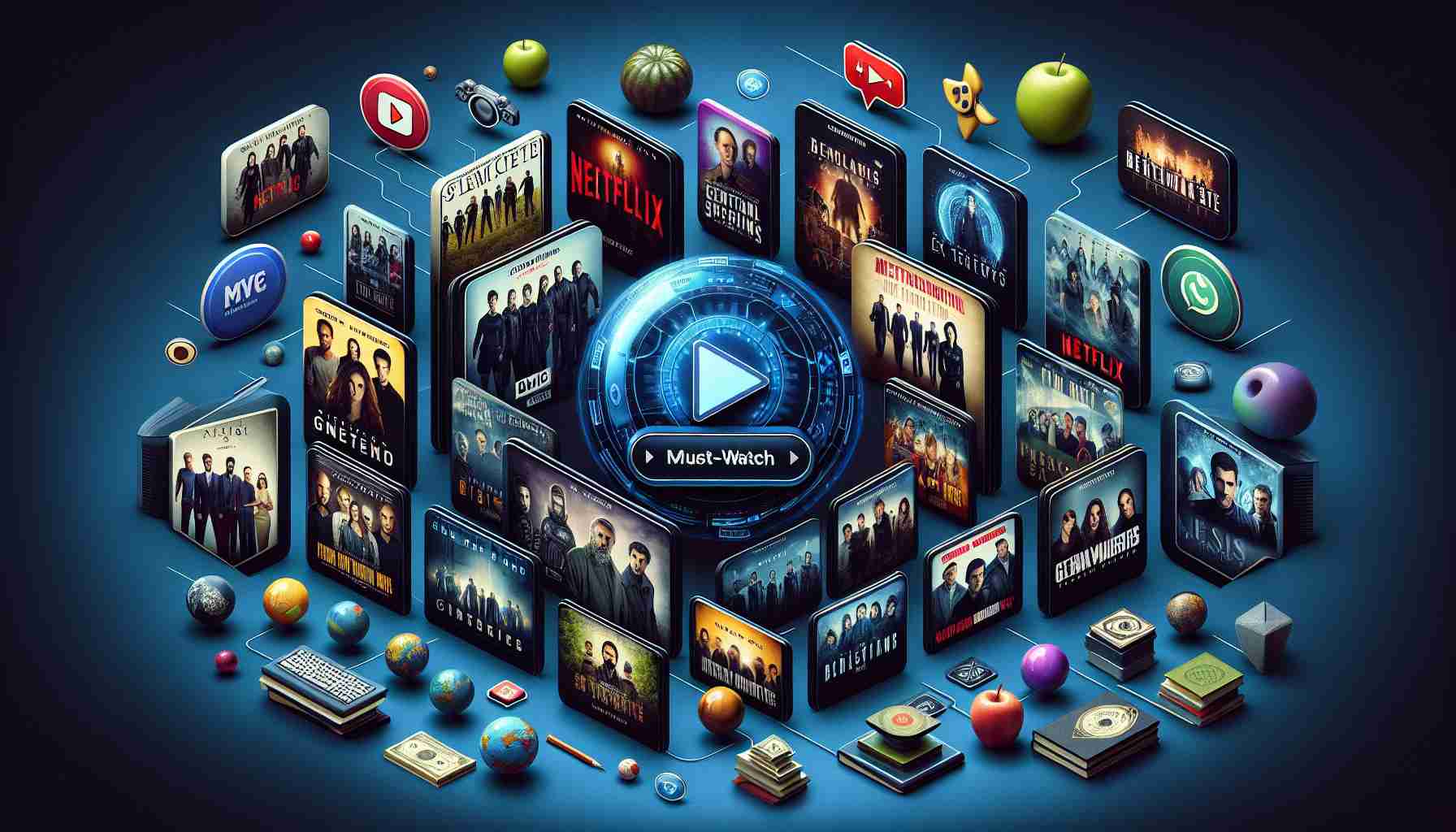 Create a realistic, high-definition graphic representing a collection of engaging and popular series available on a generic online streaming platform. Detail the image with multiple generic television series covers arranged in an attractive layout, along with an interface indicating that they are part of a 'Must-Watch' category. Include a balance of genres such as mystery, romance, action, comedy, and sci-fi. Make sure the image looks inviting, emphasizing the excitement and diversity of the content available.