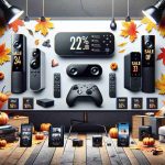 High-definition, realistic image of a digital banner advertising various streaming devices on sale during an October discount event. The banner includes images of several popular types of streaming devices with noticeable sale tags, as well as some autumn-themed decorations like leaves and pumpkins.