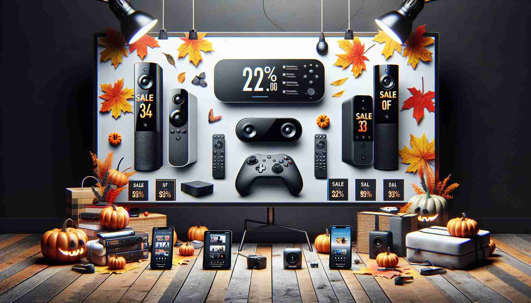 High-definition, realistic image of a digital banner advertising various streaming devices on sale during an October discount event. The banner includes images of several popular types of streaming devices with noticeable sale tags, as well as some autumn-themed decorations like leaves and pumpkins.