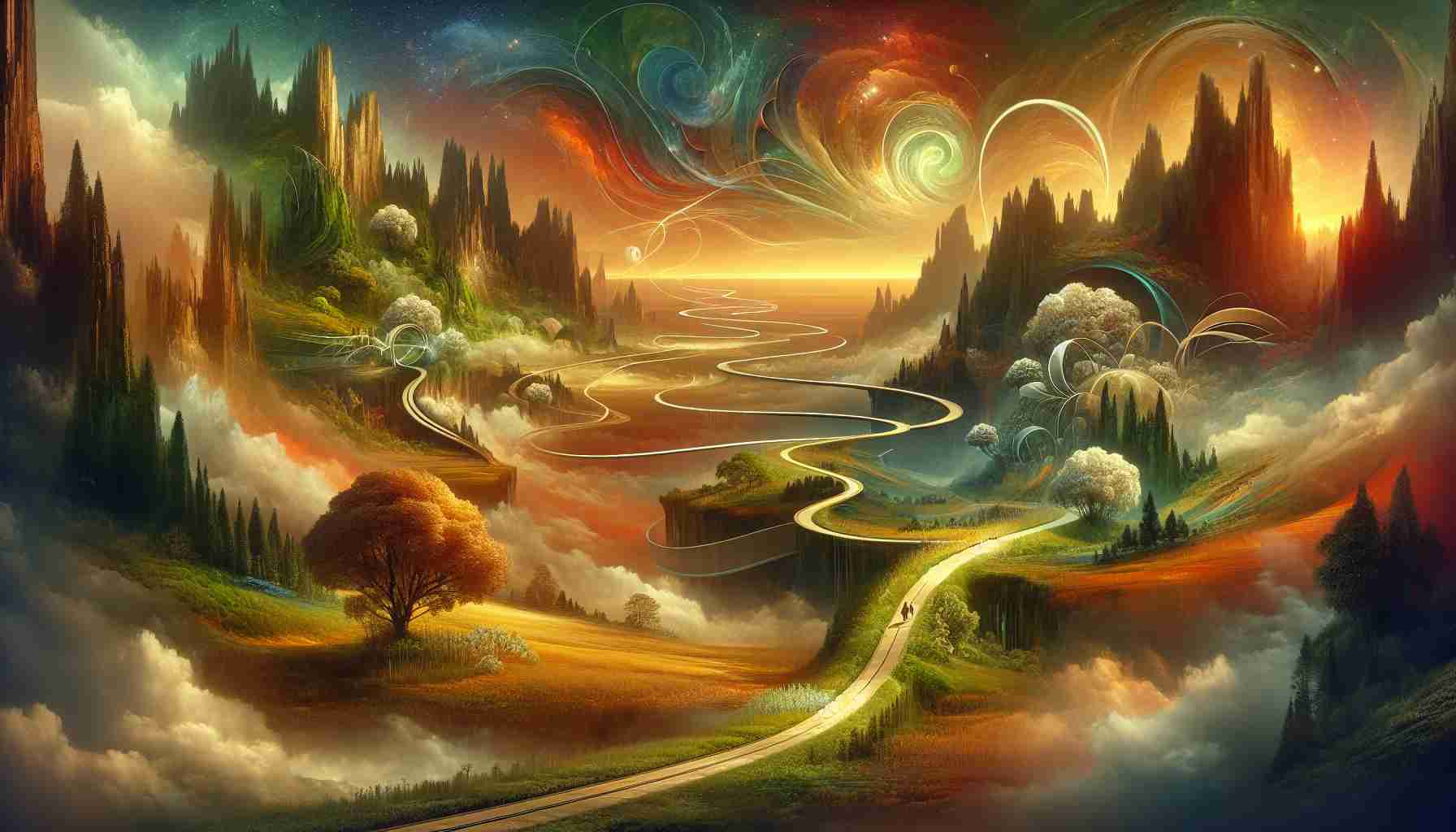 Generate a realistic, high-definition image that illustrates the concept of 'Unexpected Connections: A Heartfelt Journey Awaits'. This image might depict a winding path leading through diverse landscapes, signifying the 'journey'. Unusual or unexpected elements (like bridges, tunnels, or portals) could interconnect these landscapes, symbolizing 'unexpected connections'. The overall atmosphere should evoke feelings of warmth, adventure, and anticipation - the heart of the 'heartfelt journey'. A balance of natural beauty, mystery, and the promise of an unraveling story should be evident, inviting the viewer to embark on this journey.