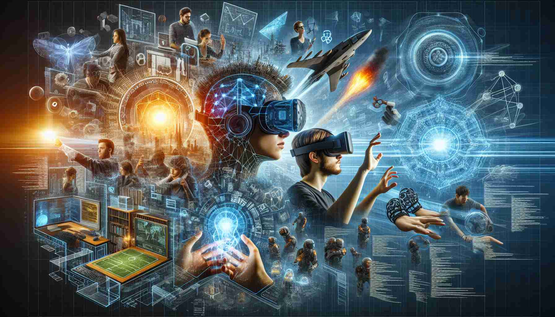 Realistic and high-definition depiction of the dynamic changes occurring within the field of Extended Reality (XR) technologies. Highlight cutting-edge devices such as virtual reality (VR) headsets, augmented reality (AR) glasses, haptic gloves. Incorporate imagery of complex coding and data streams to represent software development. Also depict diverse male and female users interact with these technologies, in settings such as gaming, education, and professional environments.