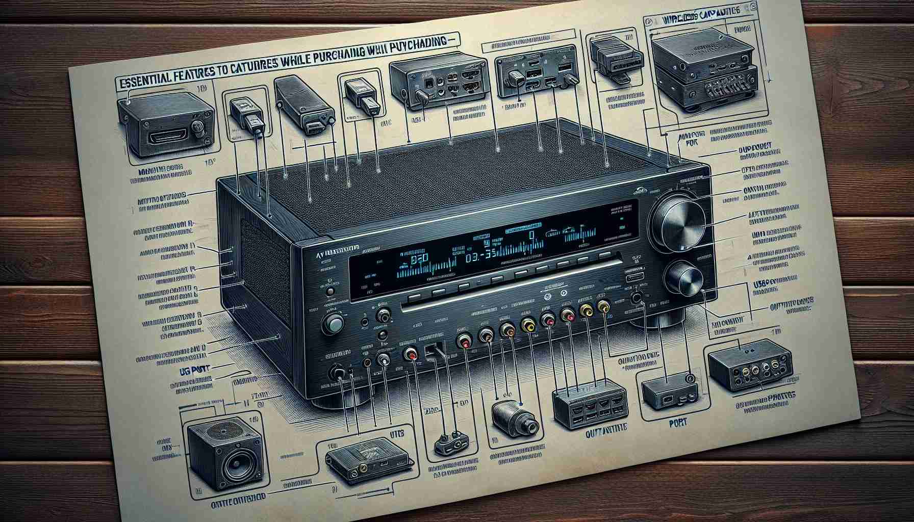 An illustrative depiction of the essential features to consider while purchasing an AV receiver. The image should ideally be a close-up view of an AV receiver with visual descriptions highlighting its elements such as multiple HDMI inputs, USB port for media playing, output power per channel, port for speaker connections, wireless capabilities, and compatibility with various audio formats. The detailing should resemble a realistic HD photo.