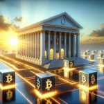 Realistic high-definition image of a metaphorical representation of an insurance and investment management company exploring entry into the blockchain and tokenization market. Visualize a large traditional building symbolizing the company, with multiple doors leading to a futuristic city made of shimmering golden blocks symbolizing the blockchain-tokenization market. The sun is rising behind the city, indicating a promising future.