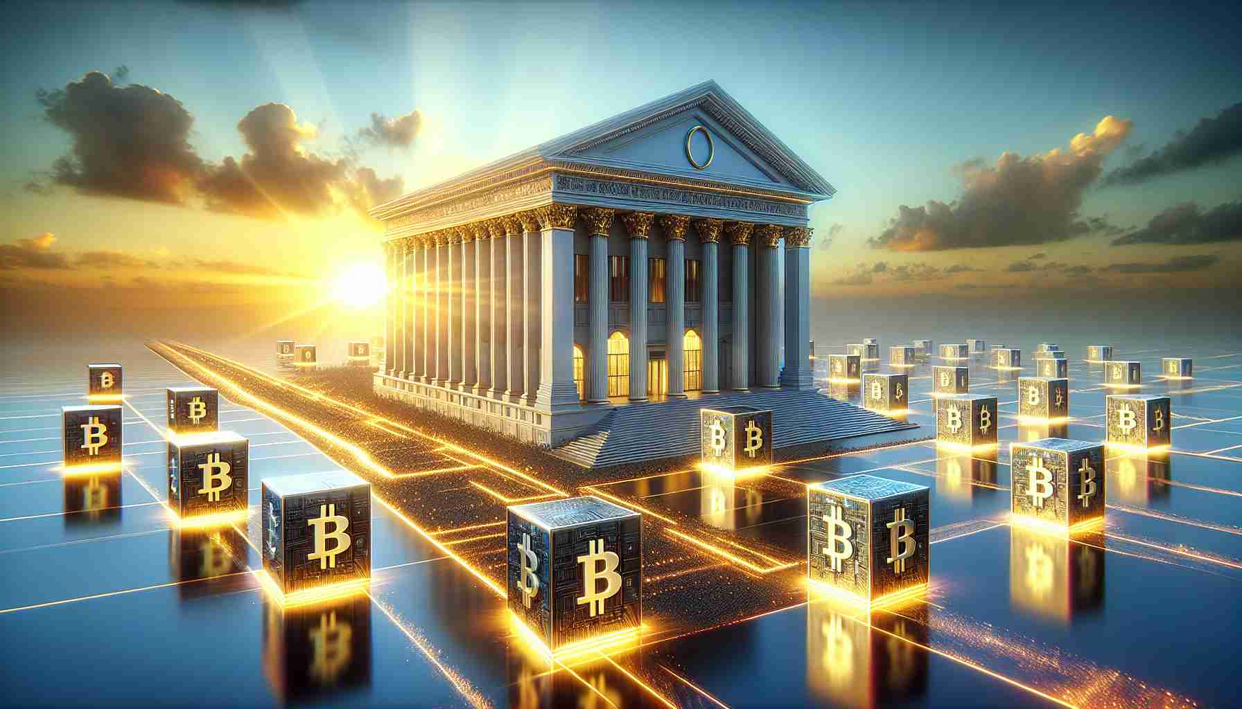 Realistic high-definition image of a metaphorical representation of an insurance and investment management company exploring entry into the blockchain and tokenization market. Visualize a large traditional building symbolizing the company, with multiple doors leading to a futuristic city made of shimmering golden blocks symbolizing the blockchain-tokenization market. The sun is rising behind the city, indicating a promising future.