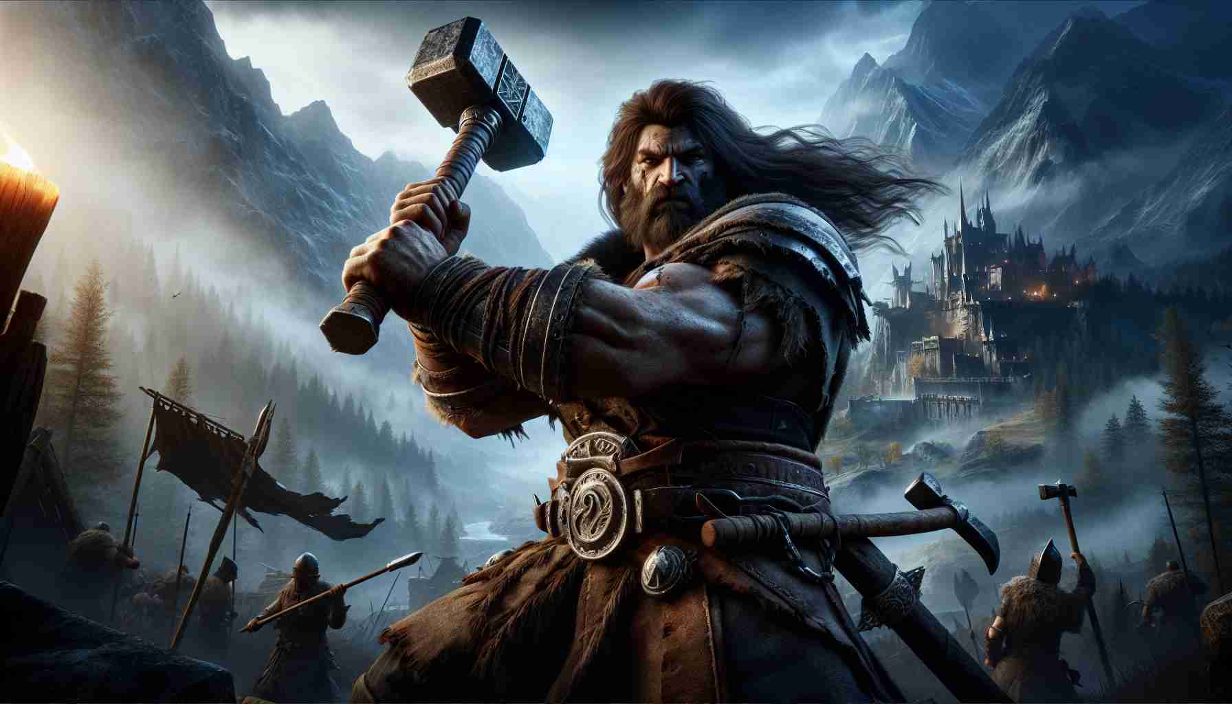 A high-definition, realistic image featuring a scene from a fantasy narrative titled 'Dark Tales from Rohan: The Rise of Helm Hammerhand.' The scene could showcase a burly character, presumed to be Helm, with long hair, wielding a large hammer with determination and power. The surrounding environment conveys a feeling of tension, as though there is a battle or conflict imminent. Dark, looming mountains and the distant signs of a well-fortified kingdom can be seen in the backdrop.