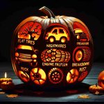 An HD image of a creatively carved pumpkin that displays typical nightmares or fears that a vehicle might have. This may include mechanical issues like flat tires, engine failure, rust, or breakdowns. The pumpkin should be set against a dark, spooky night background, highlighting the eerie glow from the carvings. The carved images should be vivid and detailed, provoking the emotions of fear and interest, capturing the latest fall trends.