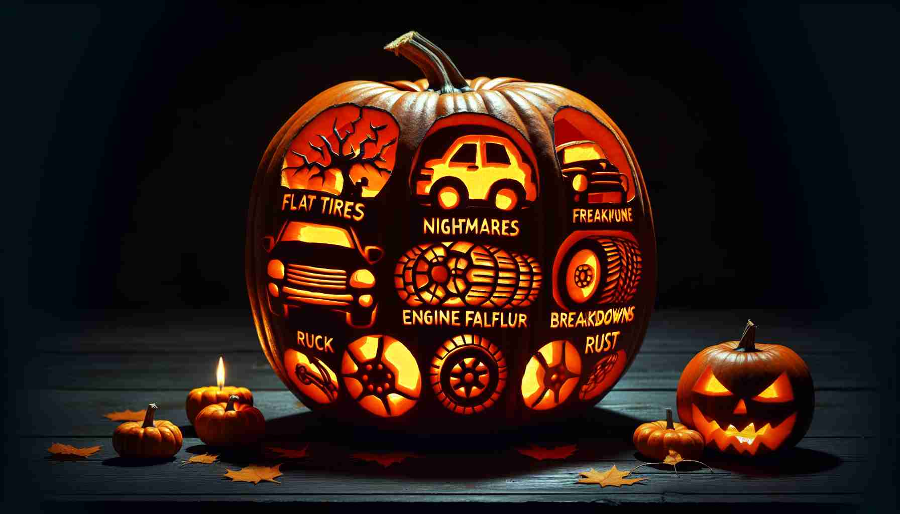 An HD image of a creatively carved pumpkin that displays typical nightmares or fears that a vehicle might have. This may include mechanical issues like flat tires, engine failure, rust, or breakdowns. The pumpkin should be set against a dark, spooky night background, highlighting the eerie glow from the carvings. The carved images should be vivid and detailed, provoking the emotions of fear and interest, capturing the latest fall trends.