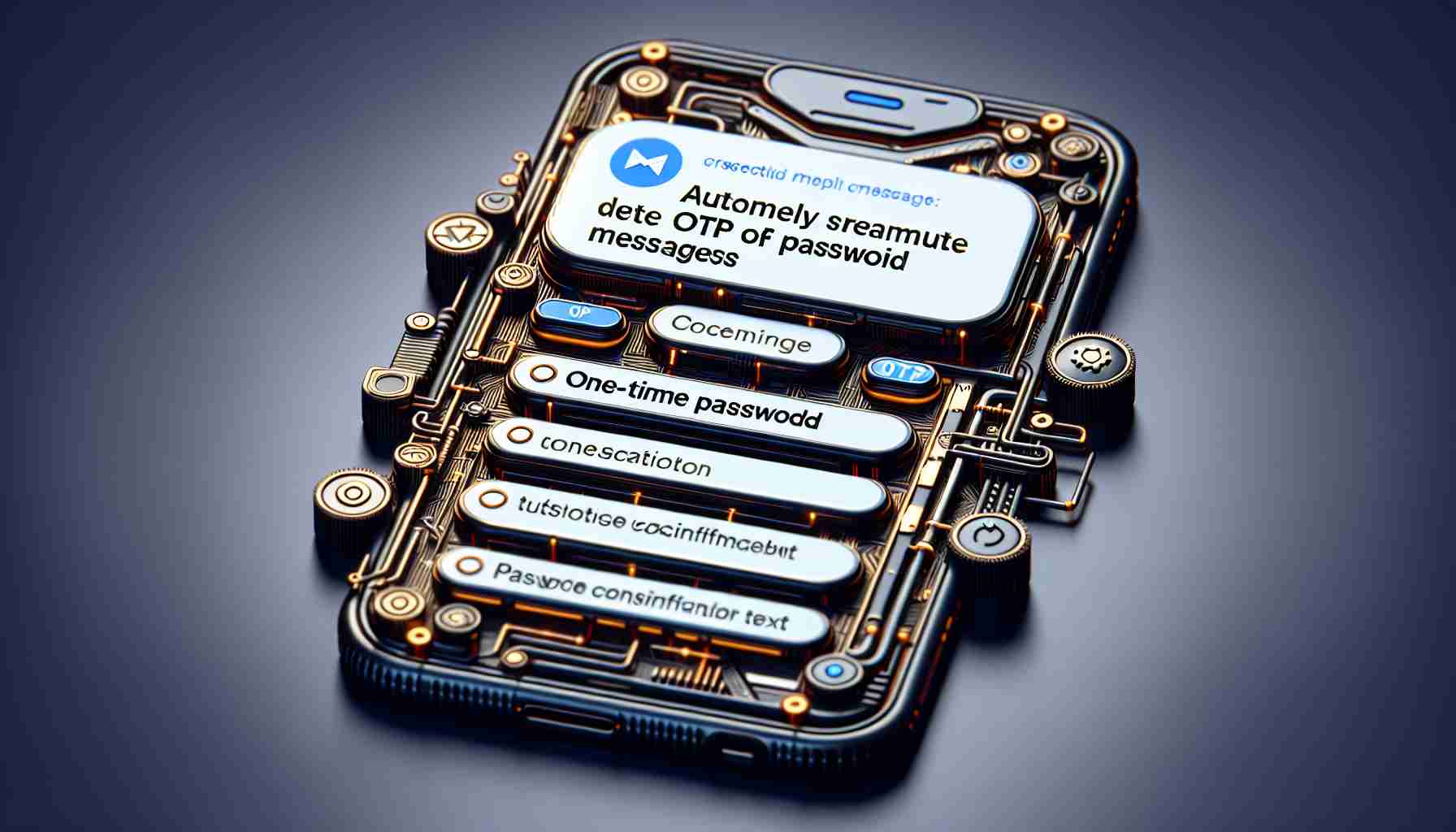 Generate a highly detailed and realistic image showcasing the process of streamlining an inbox by automatically deleting OTP (One-Time Password) messages in a generic messaging application. The rendered application should be similar to Google Messages in terms of layout and design, but ensure it does not violate any copyright. It should display a feature that helps to selectively remove password confirmation texts, improving overall inbox organization and management.