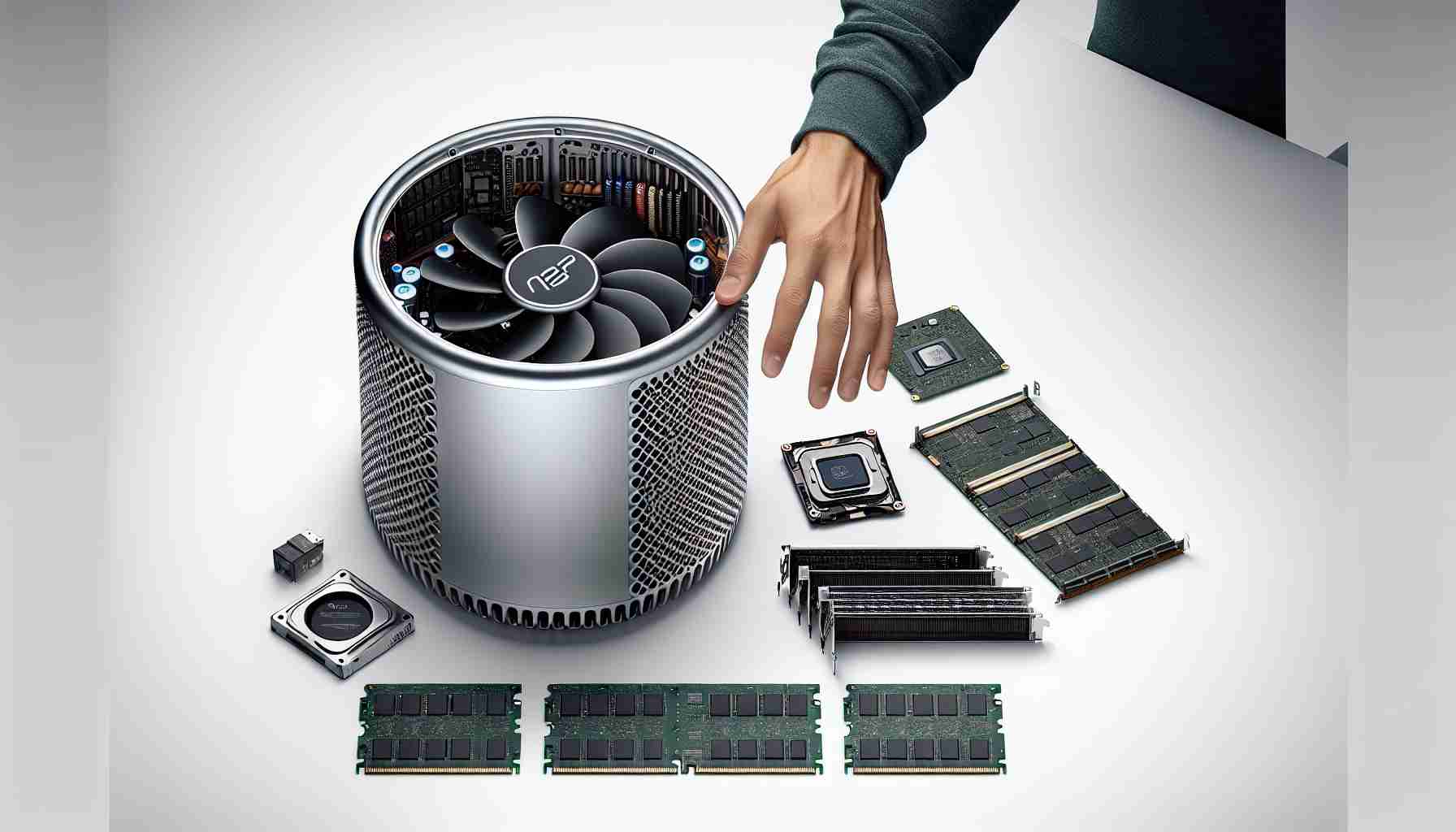 A high-definition, realistic image displaying a 2013 model of a Mac Pro, an iconic cylindrical desktop computer with its aluminum casing open to reveal its internal components. Several upgrade options are presented next to it like advanced graphics cards, powerful CPU chips, higher capacity solid-state drives, and additional RAM modules. An individual's hand, Hispanic in descent, is examining the components, symbolizing the process of exploration for upgrades.