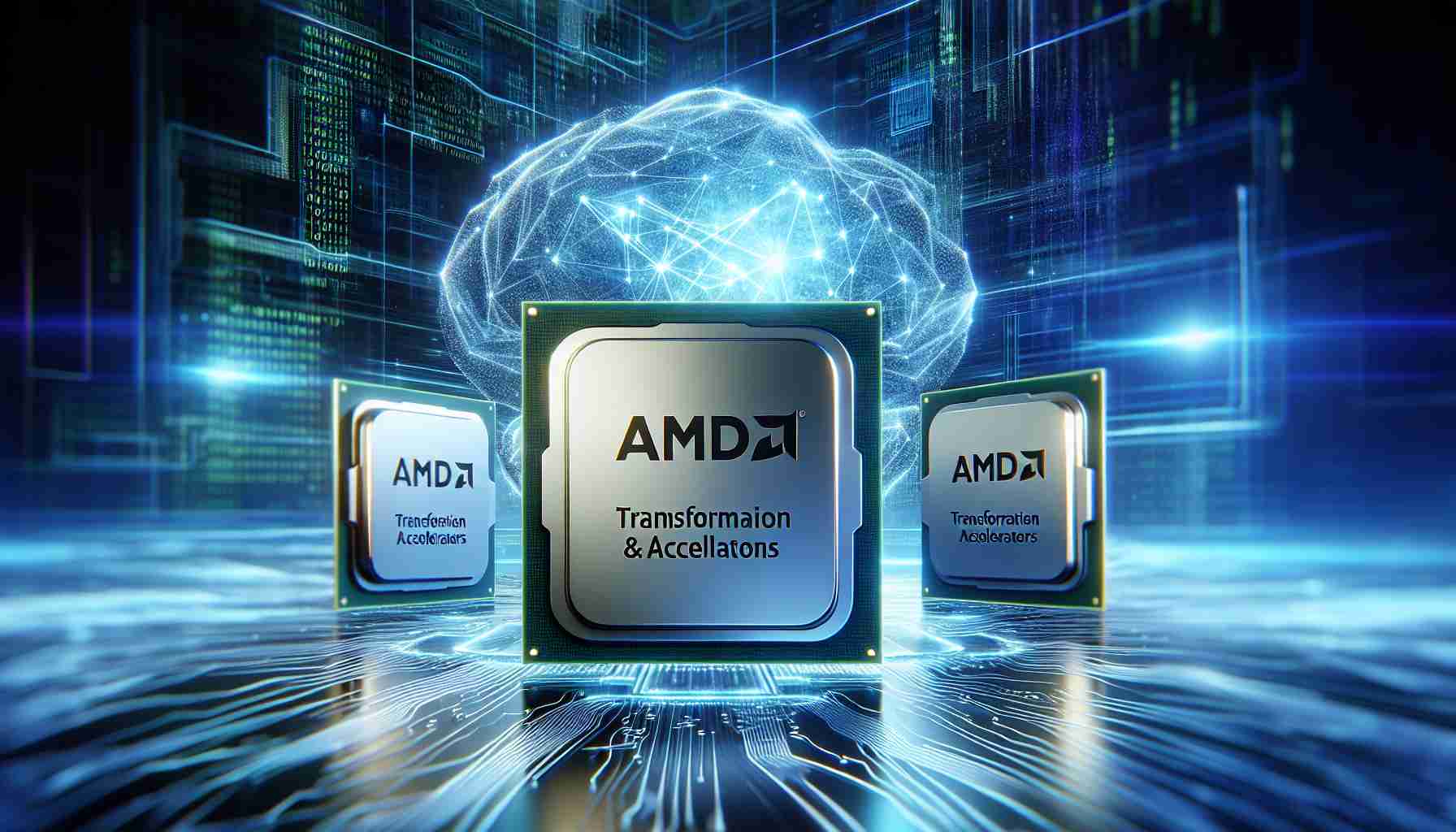 Imagine a realistic, high-resolution image where we can see AMD's latest processors and accelerators. The picture should emphasize the transformative power of these devices for AI. Show them in the foreground, with a digital space featuring binary code and AI elements as a background to represent the realm of artificial intelligence.