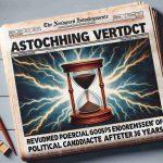 Create a hyper-realistic, high-definition image of a front-page newspaper story with a headline that reads: 'Astonishing Verdict: Renowned Periodical Forgoes Endorsement of Political Candidate After 36 Years!' Emphasize the surprise and significance of this decision with vivid, striking visuals – perhaps a dramatic lightning bolt symbolizing the 'shock', and an old-fashioned hourglass or calendar to represent the passage of '36 years'.