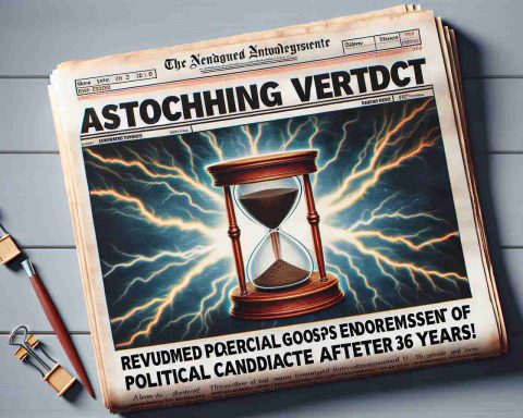 Create a hyper-realistic, high-definition image of a front-page newspaper story with a headline that reads: 'Astonishing Verdict: Renowned Periodical Forgoes Endorsement of Political Candidate After 36 Years!' Emphasize the surprise and significance of this decision with vivid, striking visuals – perhaps a dramatic lightning bolt symbolizing the 'shock', and an old-fashioned hourglass or calendar to represent the passage of '36 years'.