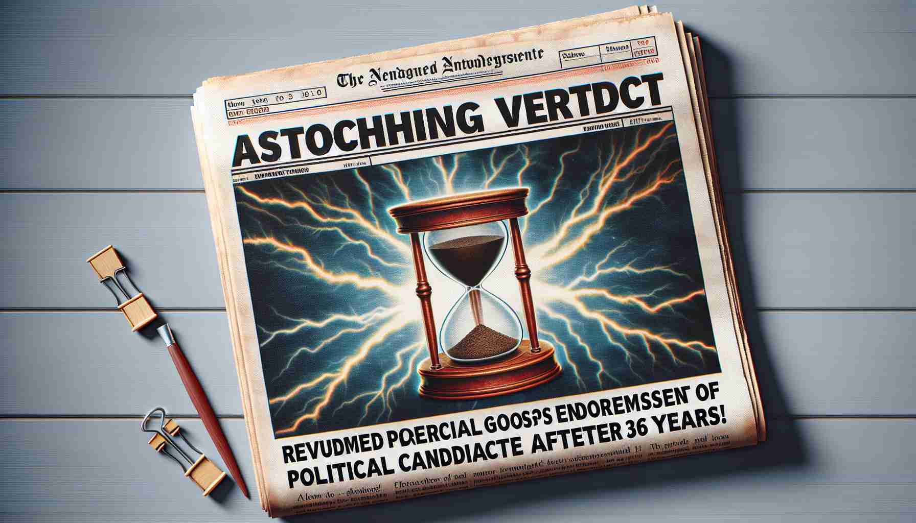 Create a hyper-realistic, high-definition image of a front-page newspaper story with a headline that reads: 'Astonishing Verdict: Renowned Periodical Forgoes Endorsement of Political Candidate After 36 Years!' Emphasize the surprise and significance of this decision with vivid, striking visuals – perhaps a dramatic lightning bolt symbolizing the 'shock', and an old-fashioned hourglass or calendar to represent the passage of '36 years'.