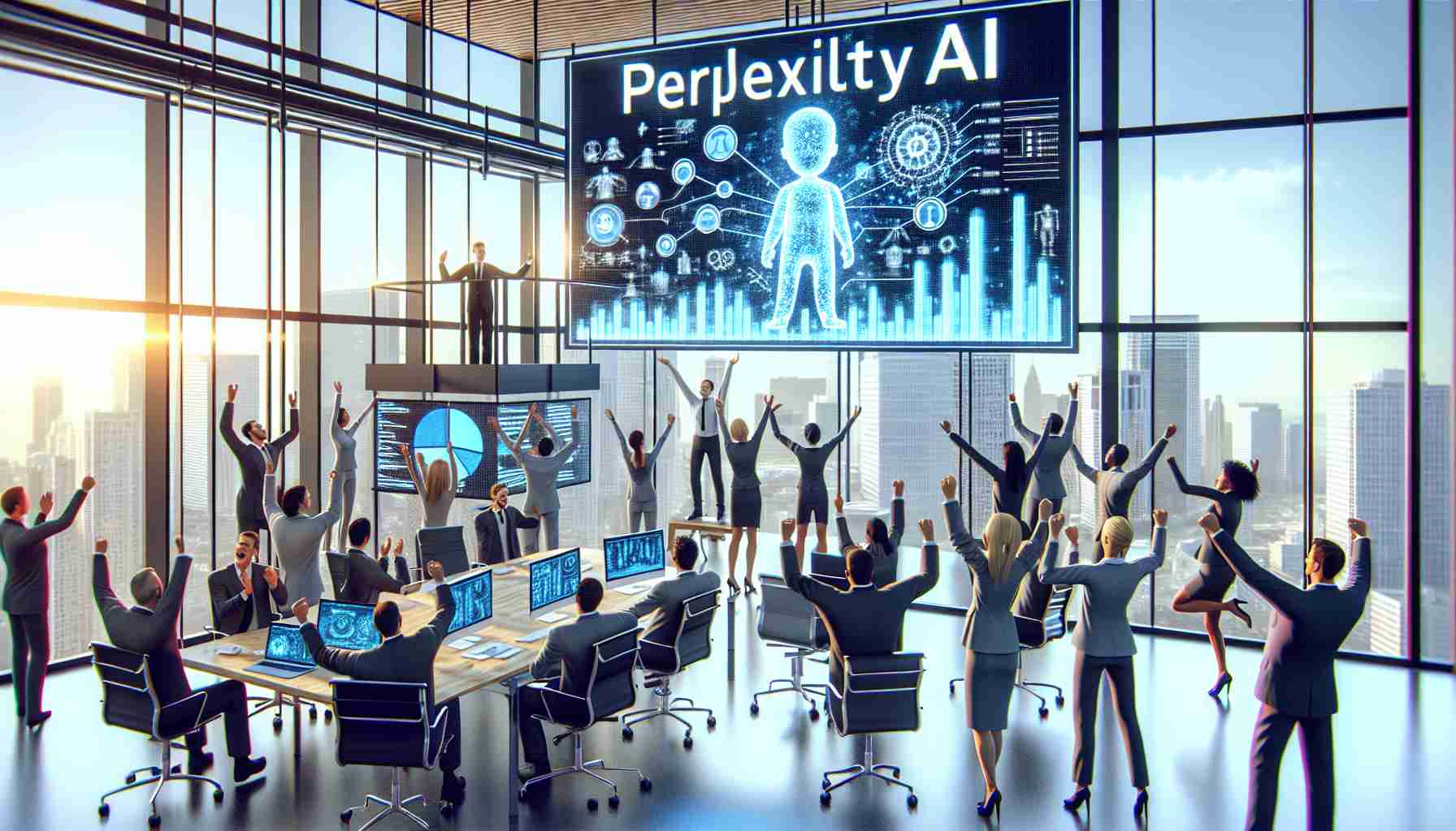 Render a highly detailed and realistic image of a hypothetical AI company known as 'Perplexity AI' seeking a significant increase in their funding. Depict the company's logo, several staff members of diverse gender and descent, charts projecting the company's growth, and the ecstatic expressions of the team during a grand celebration. The setting is an ultramodern, open concept office with great panoramic views of the city skyline.