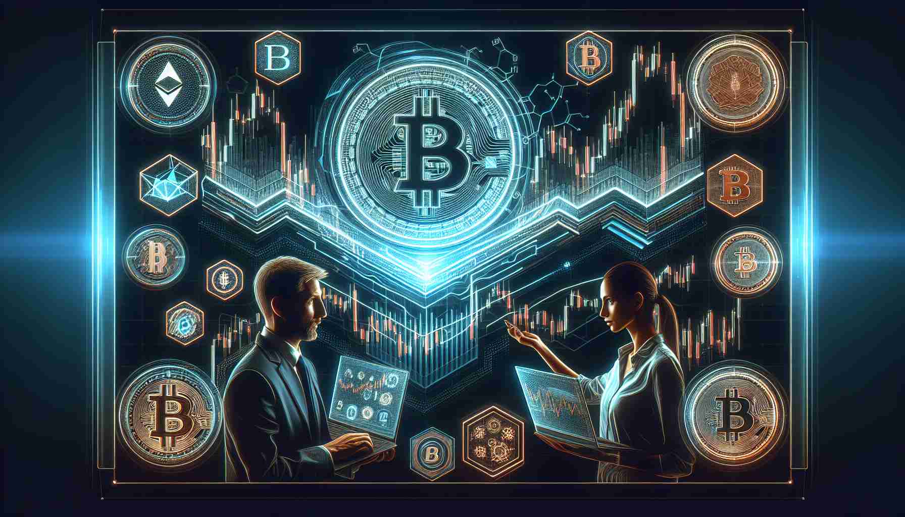 Generate a realistic, high-definition image depicting the concept of market reactions to speculation about a Bitcoin creator and economic signals. Visualize this as a complex line graph or a candlestick chart, with fluctuating trends and varying colors to represent bull and bear markets. Include symbols or icons related to Bitcoin or blockchain technology and traditional financial indicators. Let's also show two diverse professionals, one Caucasian woman and one South Asian man, analyzing these trends on a digital screen. Don't forget to ensure all elements are clear and readable.