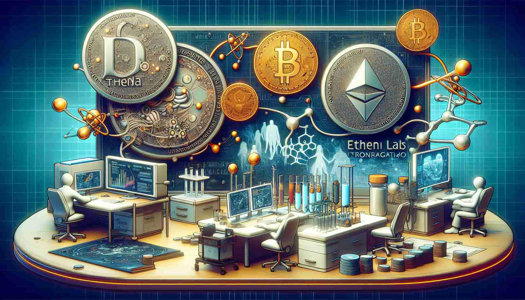 A hyper-realistic, high-definition illustration of an abstract scene representing concept of Ethena Labs proposing SOL (Solana) Integration for USDe. This image might show symbolic elements such as an illustrated labs environment with scientific equipment, coins labeled SOL linked with USDe, and images representing digital integration. Please don't include any specific people or recognizable persons.