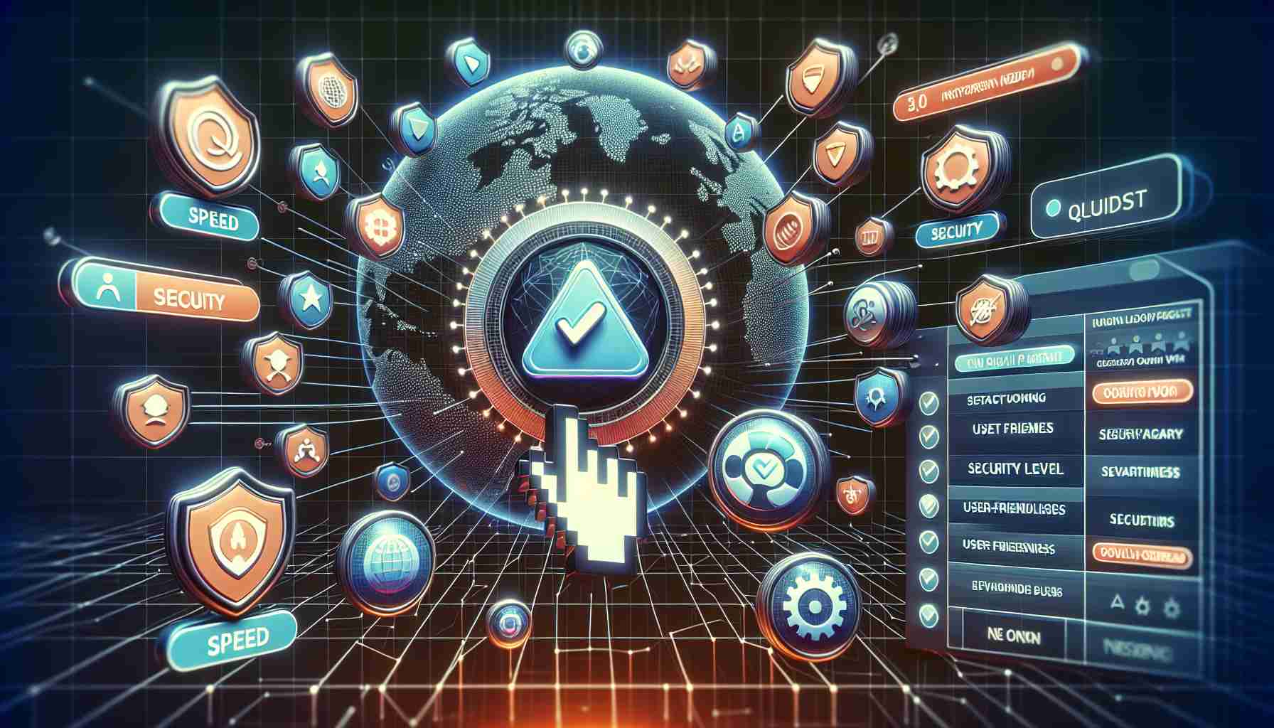 Generative depiction of a wide variety of different VPN options symbolically represented. Include diverse VPN logos, scattered on a digital interface with different quality measures such as speed, security level and user-friendliness indicated next to them. Depict a cursor hovering over one, indicating the process of selection. Also, show a sidebar with checklist of crucial features needed in ideal VPN for illustration. Ensure the scene is in high-definition and has a realistic touch.