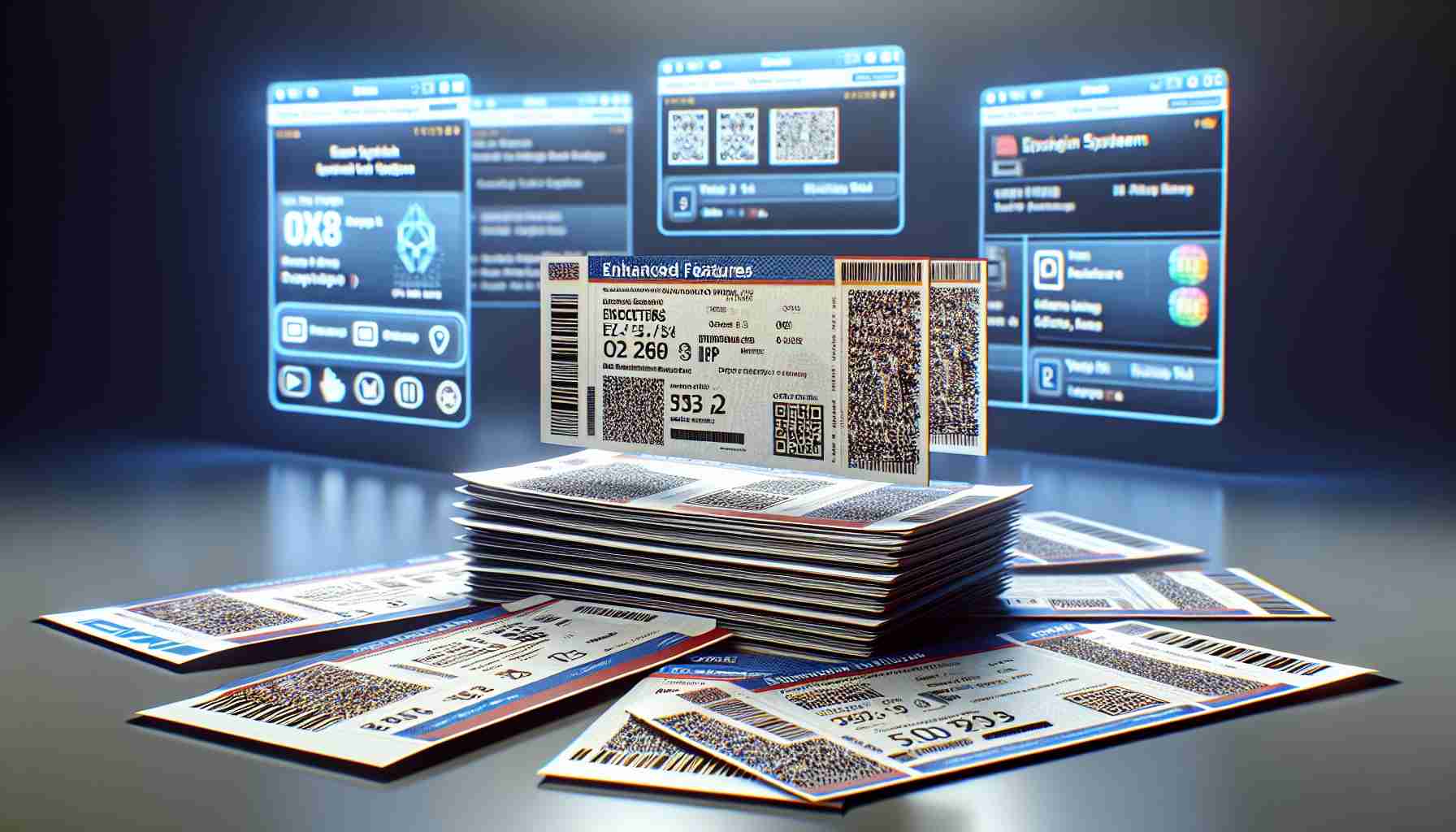 An HD representation in hyperrealistic style showcasing the enhanced features of a newly implemented ticket system for upcoming events. The image should prominently feature freshly printed tickets with barcodes, QR codes, and other added security features. The tickets should be designed for a variety of different events such as concerts, sports events, and theatres and laid out on a smooth surface. In the background, subtly visible should be an interface or screen that suggests an advanced ticketing system.