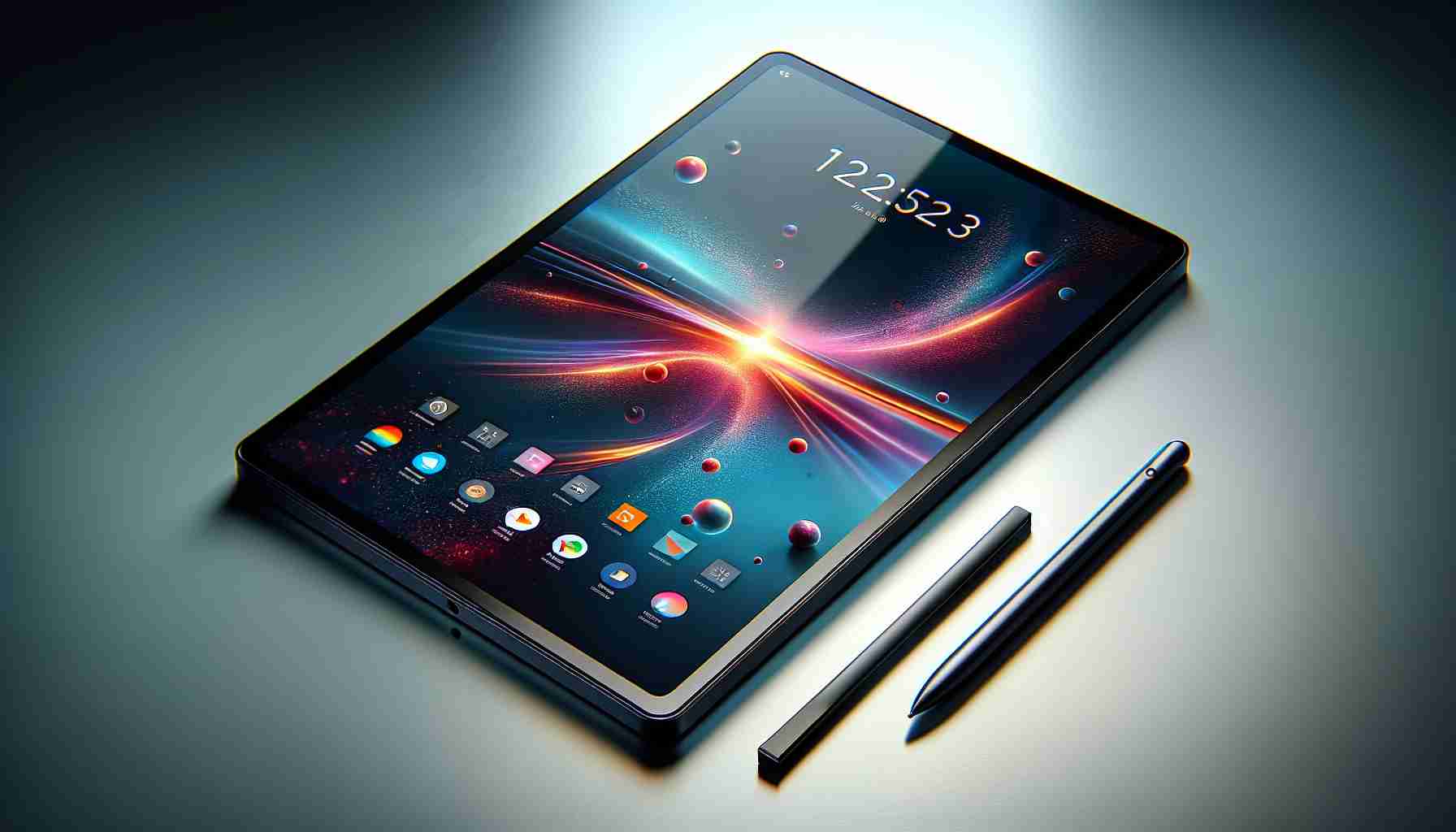 A high-definition realistic image of a modern, advanced tablet with cutting-edge technology that represents a revolutionary upgrade. The gadget should display features depicting the latest in technology, such as a sleek, slim design, a large, vibrant, glare-free screen, high-quality built-in speakers, and a sophisticated operating system interface. It should be placed neatly on a clean, polished desk surface, perhaps next to a stylus. However, it should not carry any specific brand logos or identifiable markings.