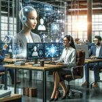 A highly detailed, hyperrealistic image representing the concept of revolutionizing sales through AI-driven assistants. Picture a bustling modern office environment with several diverse individuals working at desks equipped with computers. A Hispanic woman in professional attire is seated at one such desk, conversing with an interactive AI interface on her screen. Nearby, a young Middle-Eastern man with high-tech glasses interacts with virtual data floating in the air, demonstrating the efficient, technologically advanced methods brought about by AI. The atmosphere is energetic and innovative, symbolizing the revolutionary impact of AI on sales practices.