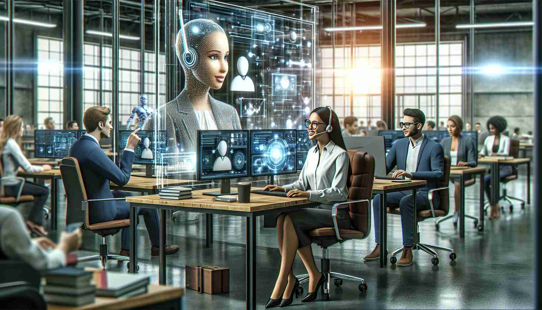 A highly detailed, hyperrealistic image representing the concept of revolutionizing sales through AI-driven assistants. Picture a bustling modern office environment with several diverse individuals working at desks equipped with computers. A Hispanic woman in professional attire is seated at one such desk, conversing with an interactive AI interface on her screen. Nearby, a young Middle-Eastern man with high-tech glasses interacts with virtual data floating in the air, demonstrating the efficient, technologically advanced methods brought about by AI. The atmosphere is energetic and innovative, symbolizing the revolutionary impact of AI on sales practices.