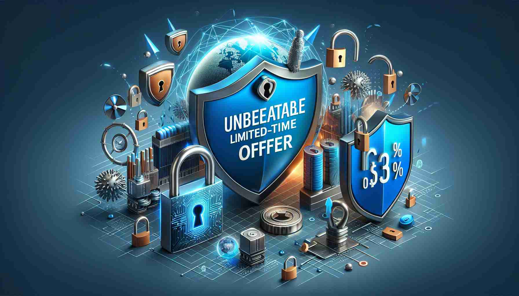 Create a high-definition, realistic image that depicts the concept of unbeatable VPN savings. Include visual symbols of encryption and protection like padlocks and shields. Add the text 'Discover Limited-Time Offer' prominently.