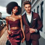 HD photo of a fashionable date night scene with a stylish couple preparing to step out. The woman, who is of African descent, and the man, who is of Caucasian descent, are both dressed in stunning burgundy outfits. The woman dons a high-waisted skirt with a fitted top, while the man sports a sharp suit. They both exude an air of enthusiasm and charm, perfect for a glamorous evening in the city.