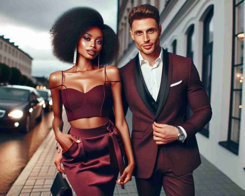 HD photo of a fashionable date night scene with a stylish couple preparing to step out. The woman, who is of African descent, and the man, who is of Caucasian descent, are both dressed in stunning burgundy outfits. The woman dons a high-waisted skirt with a fitted top, while the man sports a sharp suit. They both exude an air of enthusiasm and charm, perfect for a glamorous evening in the city.