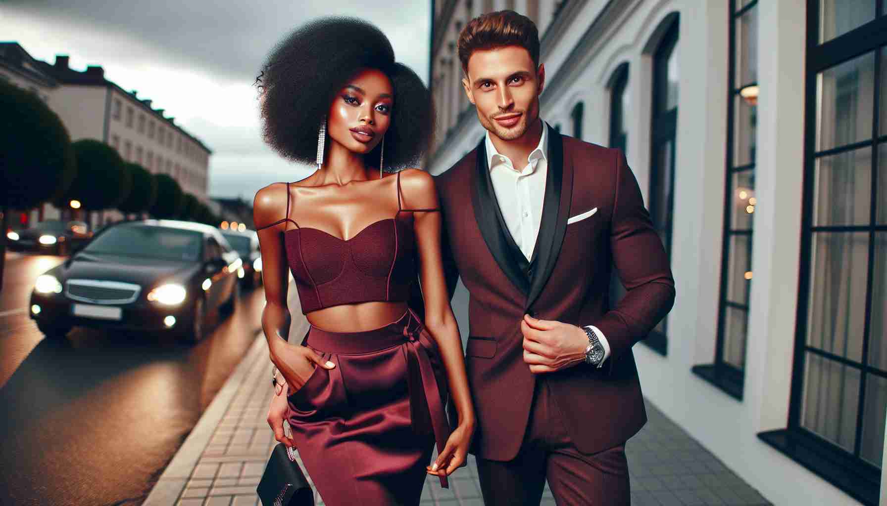 HD photo of a fashionable date night scene with a stylish couple preparing to step out. The woman, who is of African descent, and the man, who is of Caucasian descent, are both dressed in stunning burgundy outfits. The woman dons a high-waisted skirt with a fitted top, while the man sports a sharp suit. They both exude an air of enthusiasm and charm, perfect for a glamorous evening in the city.