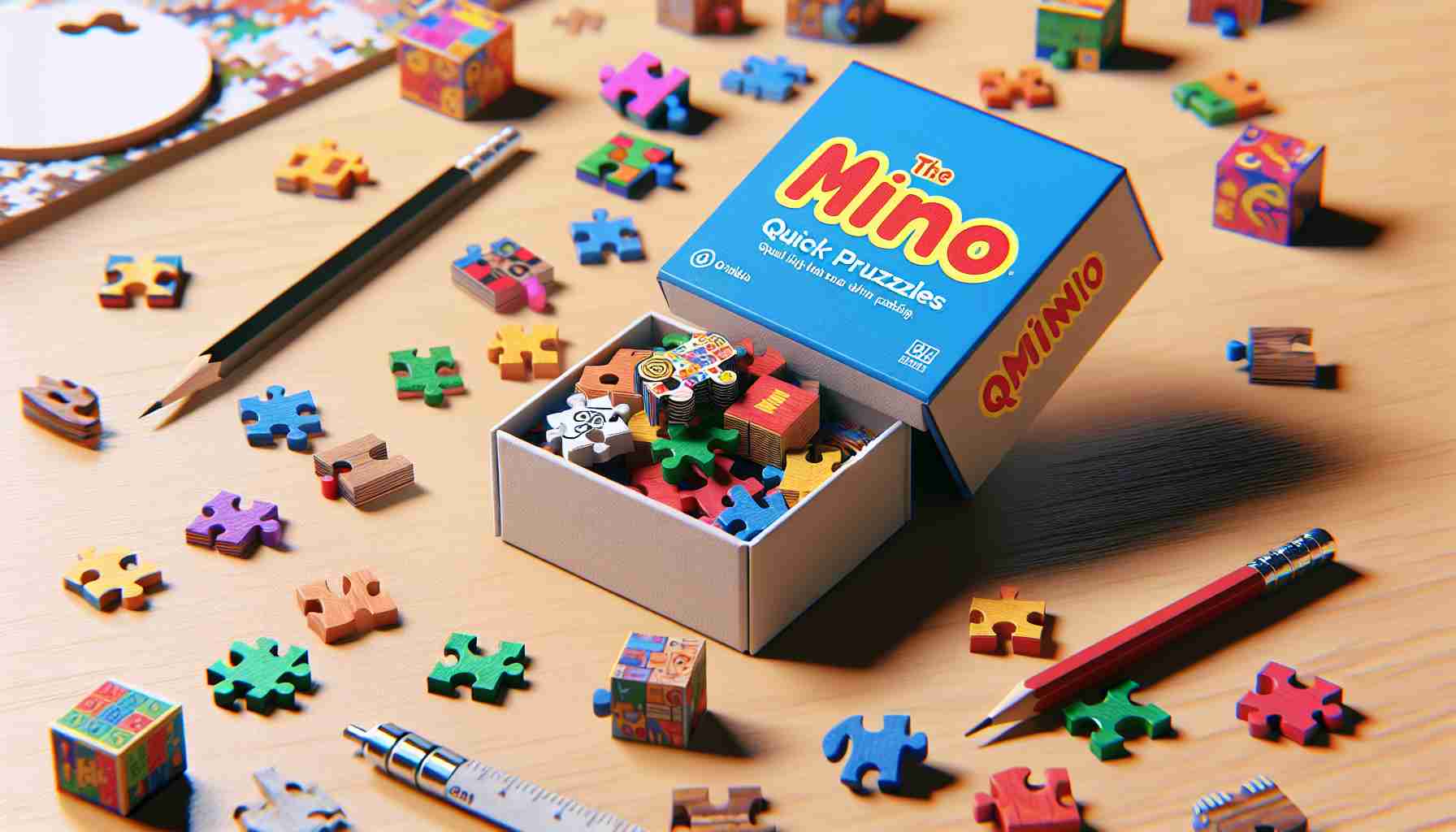 Create a highly detailed and realistic image showcasing a set of Quick Puzzles branded 'The Mini'. Visualize a small compact box brightly labelled with the title 'The Mini', opened to reveal various types of colorful puzzles like jigsaw pieces, brain teasers, and riddles. The scene should reflect a sense of fun, creativity and intellectual stimulation. Please ensure everything in the image conveys high quality and resolution.