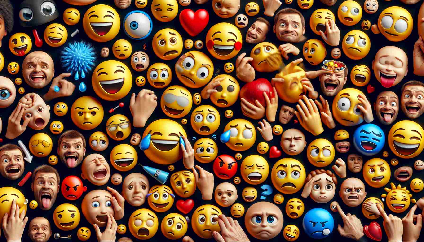 Create a high-definition, realistic image representing an educational concept. It includes a variety of emoji faces with various expressions. These emojis are arrayed in a manner that makes them seem akin to a new, visual language. They are detailed, filled with vibrant colors and are found in several different forms. Some are laughing, some showing sorrow, some neutral and some confused, all indicating a broad spectrum of human emotions. These emojis are all being used to teach and explain different sentiments, thus representing 'Understanding Emoji Expressions: A New Language'.