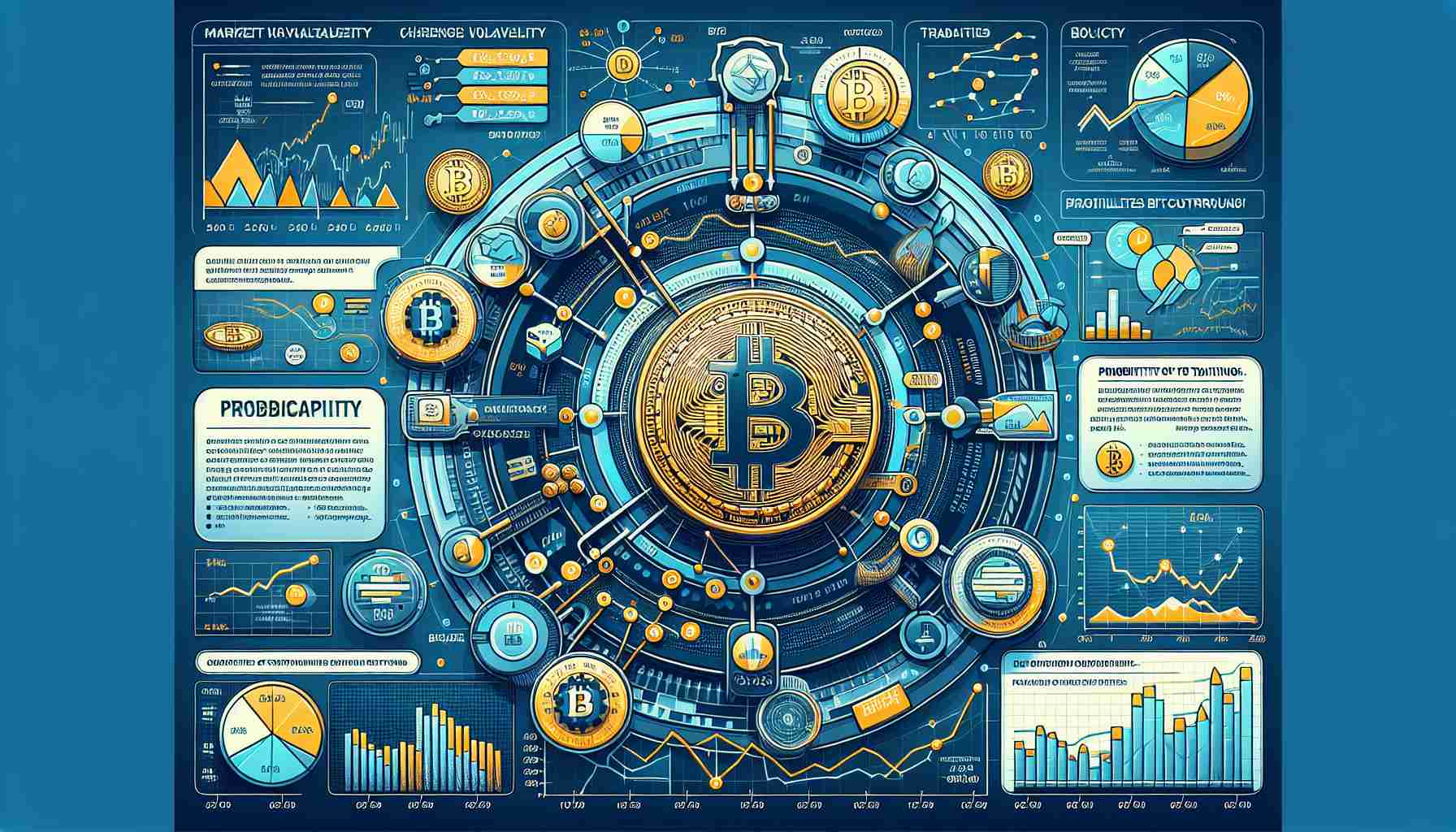 Generate a High Definition infographic visualizing the current trends in the cryptocurrency, specifically Bitcoin. It should illustrate market volatility, challenges such as fluctuations in value, and the impact of these factors on trading. The image should have visually appealing charts and graphs, probabilities of different future trends, and important data points highlighted. Note that the infographic needs to be neutral and factual, not promoting or discouraging investment.