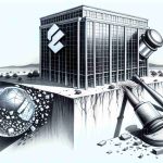 An illustration depicting the impact of proposed legal changes on a big tech company's future. The drawing should portray a large corporate building with the company's emblem on it, perhaps teetering on the edge of a precipice, and the shadow of a gavel falling. Nearby, pieces of a shattered crystal ball represent the uncertainty of the future. The scene must be illustrated with a high level of detail to create the sense of a realistic HD photo.