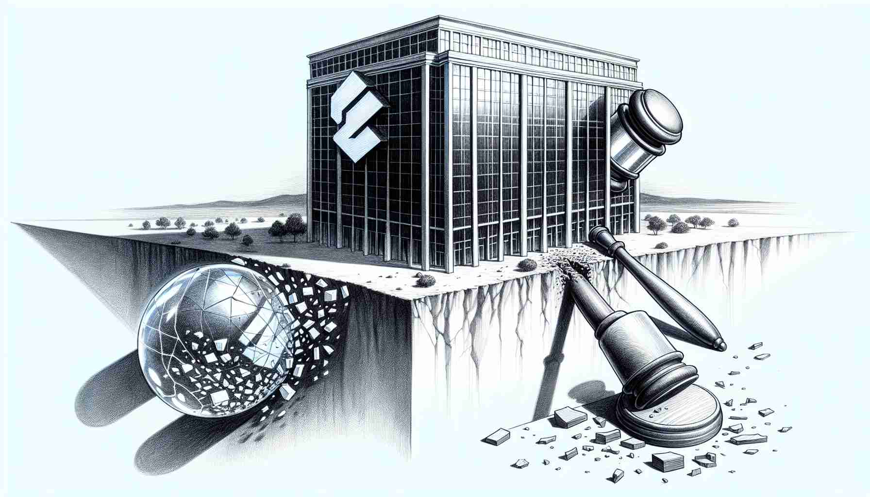 An illustration depicting the impact of proposed legal changes on a big tech company's future. The drawing should portray a large corporate building with the company's emblem on it, perhaps teetering on the edge of a precipice, and the shadow of a gavel falling. Nearby, pieces of a shattered crystal ball represent the uncertainty of the future. The scene must be illustrated with a high level of detail to create the sense of a realistic HD photo.