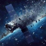 Create a high-definition, realistic image of a catastrophic event in outer space involving a commercial satellite. Detail the unfortunate scene of space debris scattering in the vastness of the universe following the unexpected failure of this state-of-the-art technology.