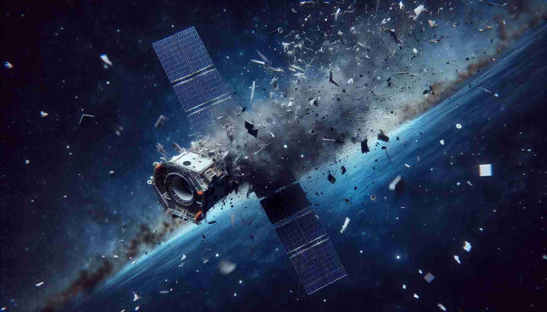 Create a high-definition, realistic image of a catastrophic event in outer space involving a commercial satellite. Detail the unfortunate scene of space debris scattering in the vastness of the universe following the unexpected failure of this state-of-the-art technology.