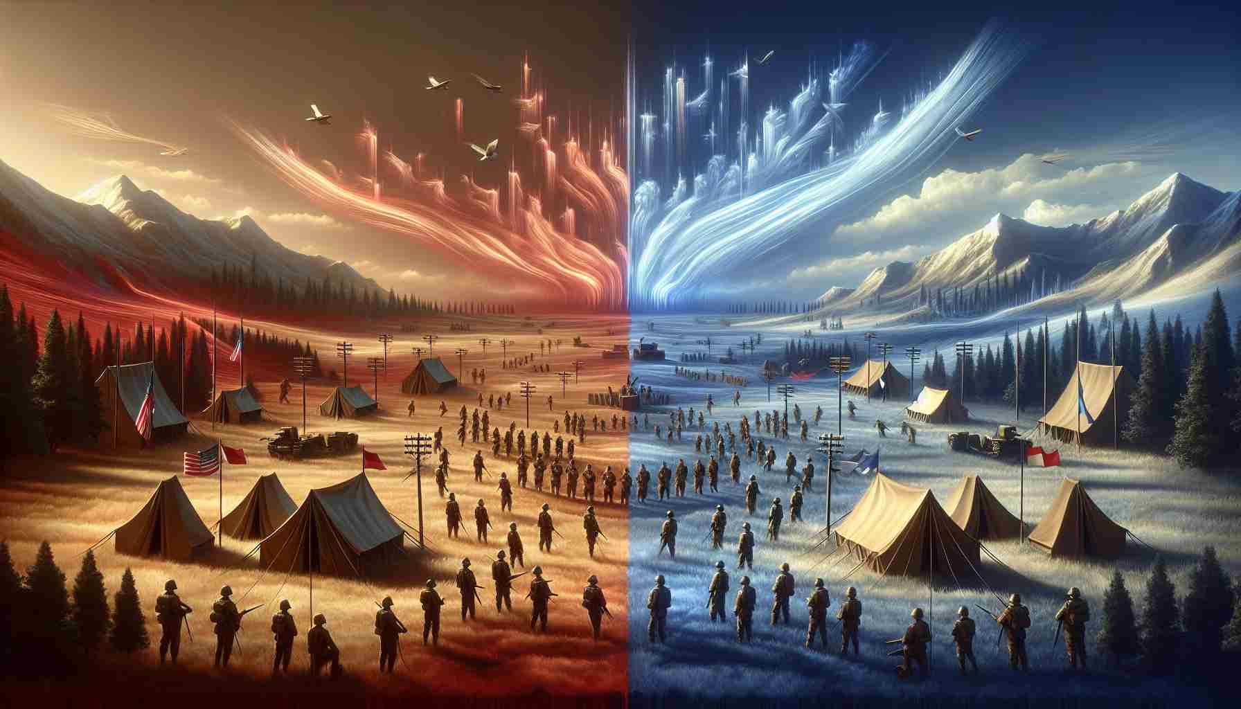 A realistic high-definition image representing the abstract concept of unseen forces at play in a metaphorical political battleground. Picture this: an old-fashioned battleground landscape with two opposing sides. Each side has strategic tents, formations, flags, and other similar elements. But, give it a modern twist. Instead of soldiers, include minimally visible streaks of energy, colors, or light, symbolizing unseen forces. Avoid including political symbols, figures or text. The setting could have geographical features resembling the state of Georgia, USA, for elements of familiarity.