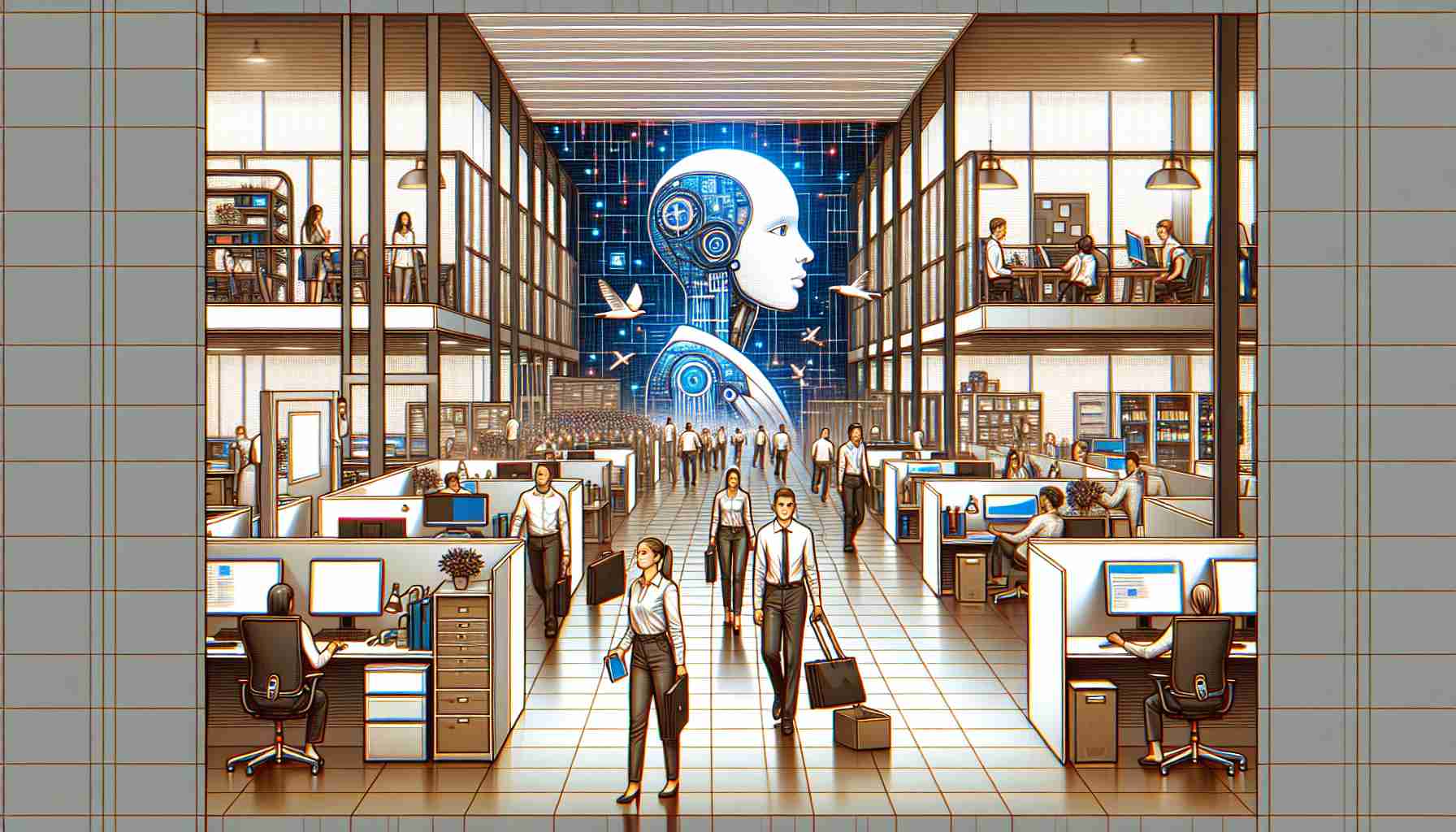 Create a detailed and realistic high definition image capturing the atmosphere of a technology company, possibly named ByteDance, shifting its focus towards artificial intelligence for moderation purposes. Show several workers in the background, clearly indicating that this transition might lead to job cuts. Please include elements like office spaces, computers, AI models on screen, some employees looking worried, and some packing their belongings.