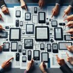 A detailed and realistic image capturing a comprehensive guide to selecting the appropriate e-reader. The scene includes a variety of e-reading devices spread out on a desk, each with different features and specifications displayed. Among them are devices with large screens, backlit screens, and e-ink display. Alongside the gadgets are printed materials providing insights into the pros and cons of each device, how to choose based on reading habits, price range, and personal preference. Various hands of different genders and descents are seen pointing, indicating a discussion surrounding the guide. Please present this imagery in HD quality.