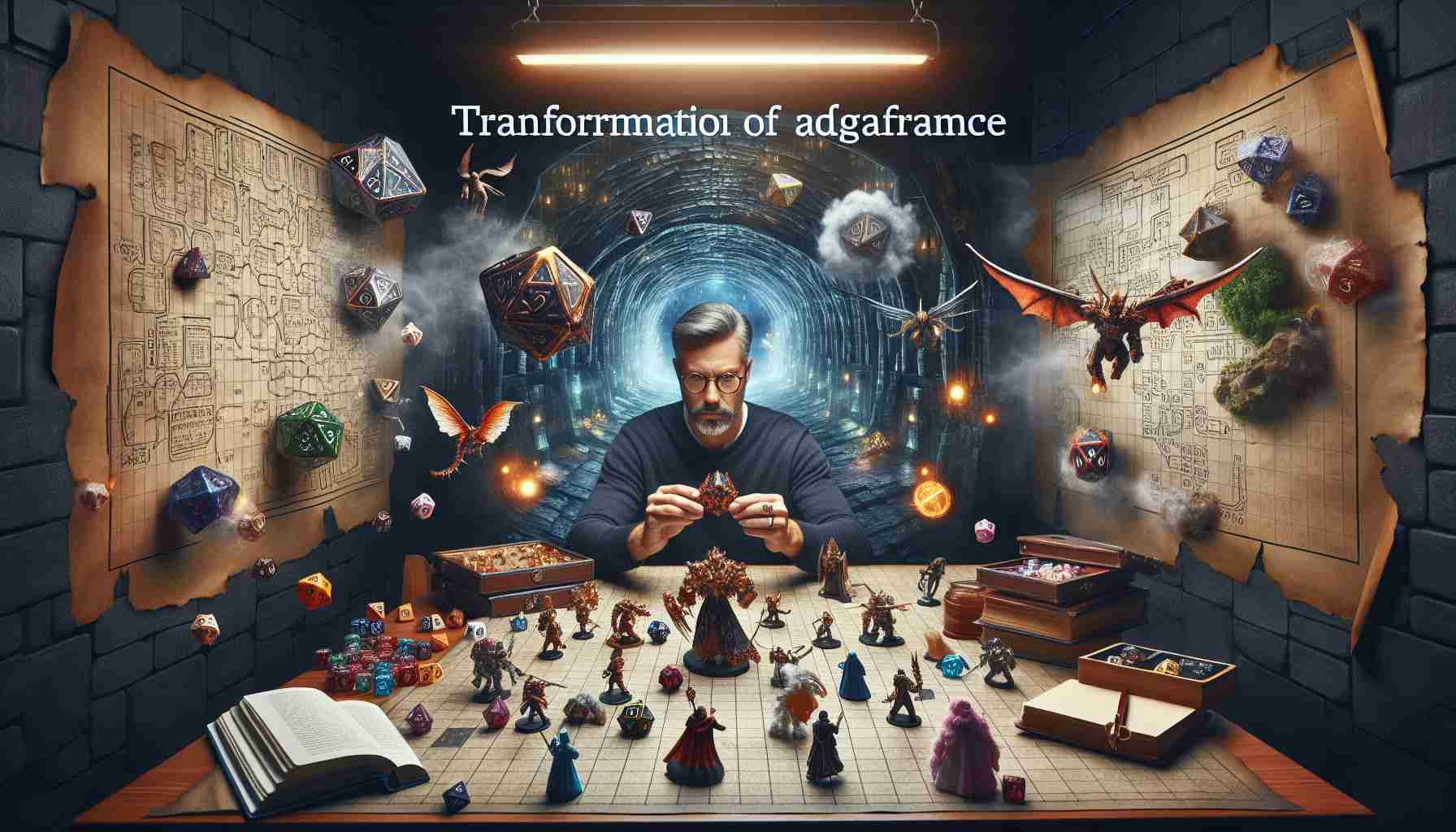 A high-definition image highlighting the transformation of the tabletop game experience brought about by a Dungeon Master. The scene includes elements of fantasy role-playing games such as a map of a complex dungeon, multi-faceted dice, miniature characters, and the Dungeon Master's guidebook. The Dungeon Master, a middle aged Caucasian man, with focus and determination glinting in his eyes, is actively engaged in the game, while an imaginative narrative unfolds, captivating the players around the table.