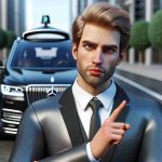 Realistic HD image of a businessman with blond hair and a business suit showing skepticism towards a self-driving car