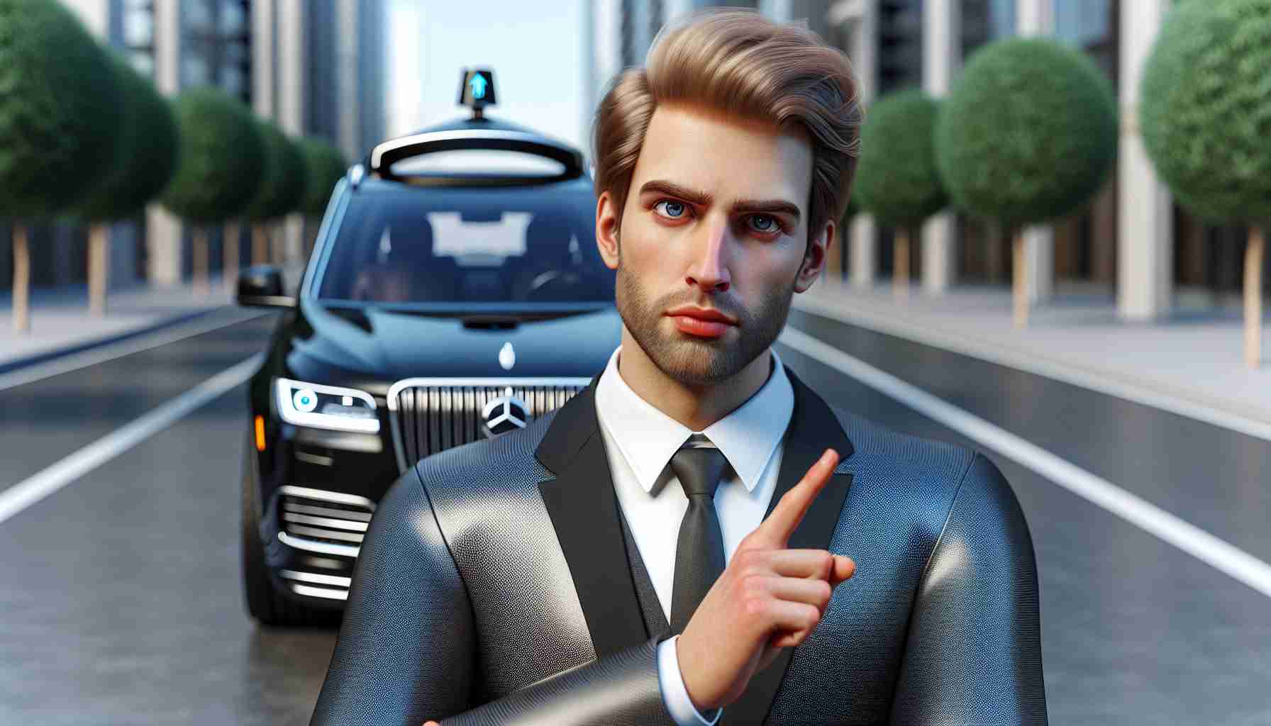 Realistic HD image of a businessman with blond hair and a business suit showing skepticism towards a self-driving car