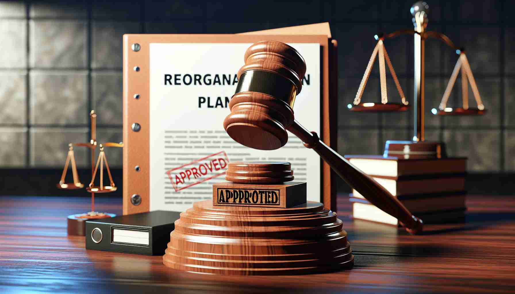 An HD, realistic-style image of a reorganization plan symbolically gaining court approval. It might feature a large, imposing wooden gavel striking down on a block, signifying the court's decision. Beside it, a document titled 'Reorganization Plan' marked with an 'approved' stamp stands out prominently. The background could include elements associated with legality and justice, like the balance scales or a courtroom setting.