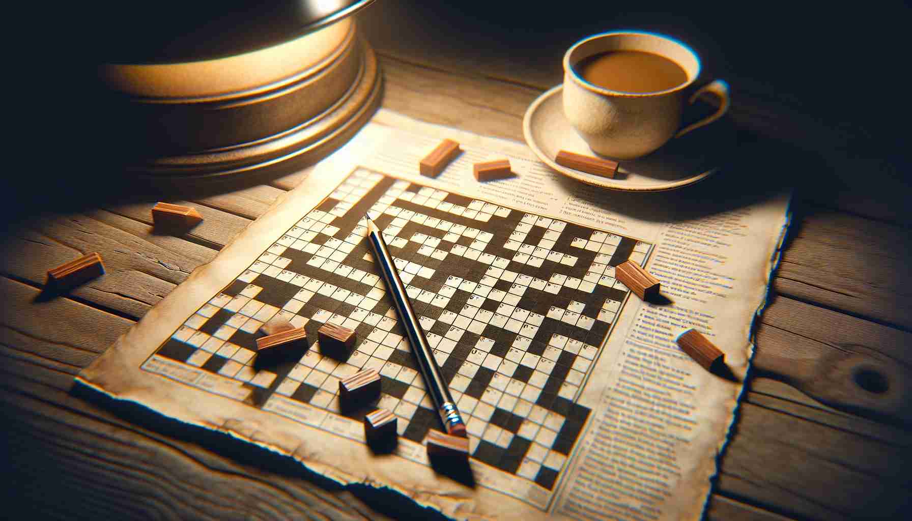 Generate a high-definition, realistic photograph of a crossword puzzle. The puzzle should be well-used with pencil markings on it, showcasing the enduring appeal of this intellectual pastime. Include subtle signifiers of time, such as a well-worn coffee cup staining the corner of the table, to emphasize the enduring nature. Have the puzzle set on a wooden table under soft, warm lighting, further adding to the appealing and inviting atmosphere.