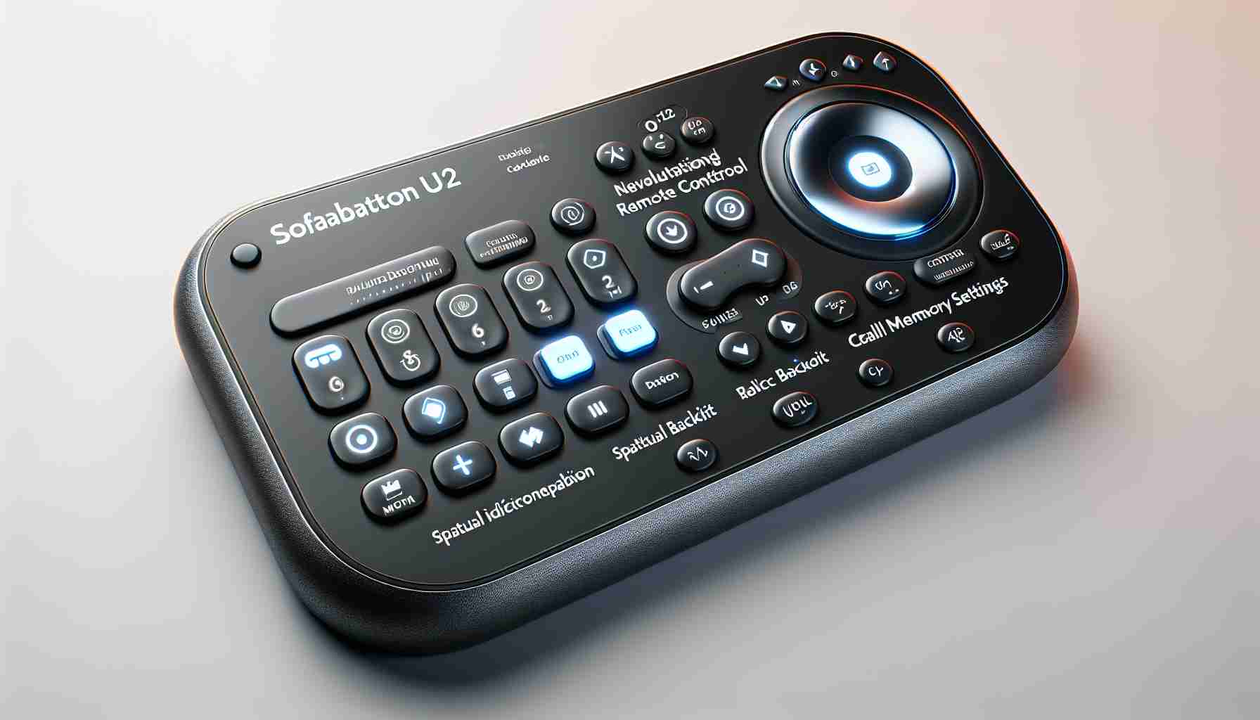 Create an HD quality realistic image of a newly conceptualized and innovated remote control with novel features. The imaginary controller is name 'SofaBaton U2' and is designed for revolutionizing the remote-control industry. The design incorporates a streamlined and ergonomic structure, multiple device compatibility, with an interactive digital screen on top, spatial backlit buttons with recall memory settings. The color scheme of the controller should be mainly black with some silver accents.