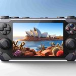 Generate a high-definition, realistic image of a newly released portable gaming device being launched in Australia. The device should have a sleek and modern style, with controls on either side of a central screen. In the background, feature recognizable Australian landscapes such as the Sydney Opera House or Ayers Rock.