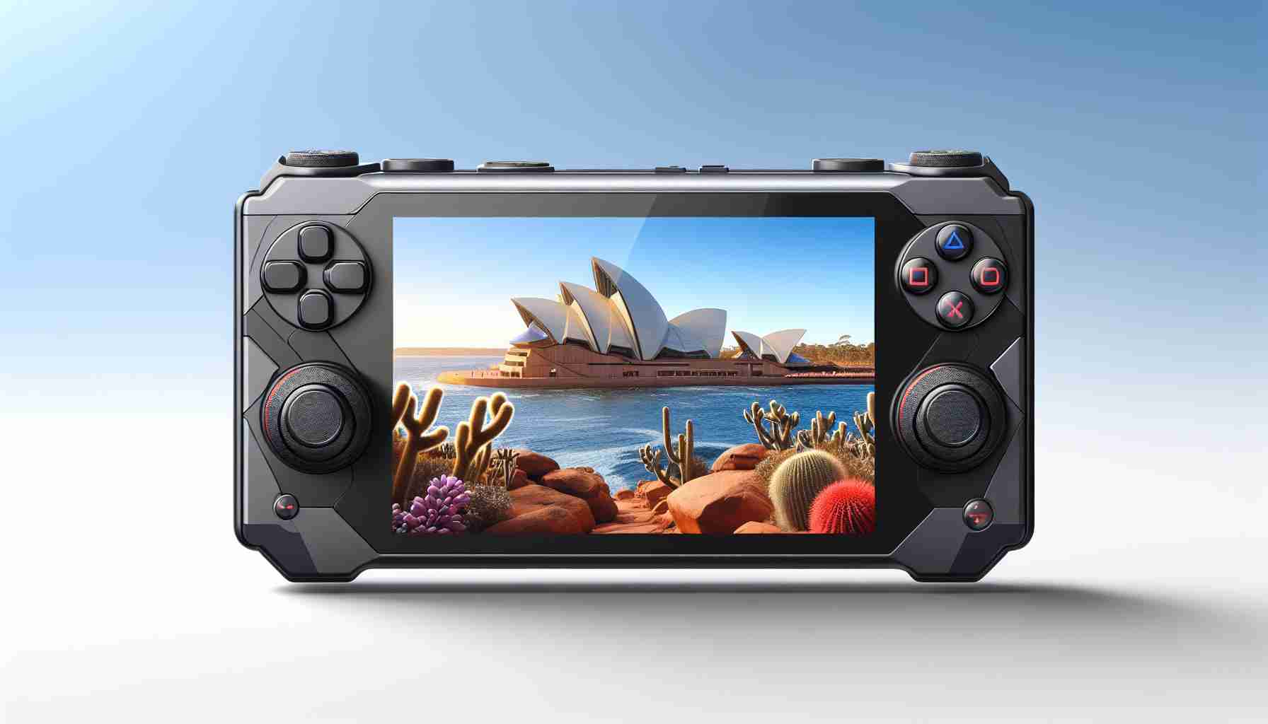 Generate a high-definition, realistic image of a newly released portable gaming device being launched in Australia. The device should have a sleek and modern style, with controls on either side of a central screen. In the background, feature recognizable Australian landscapes such as the Sydney Opera House or Ayers Rock.