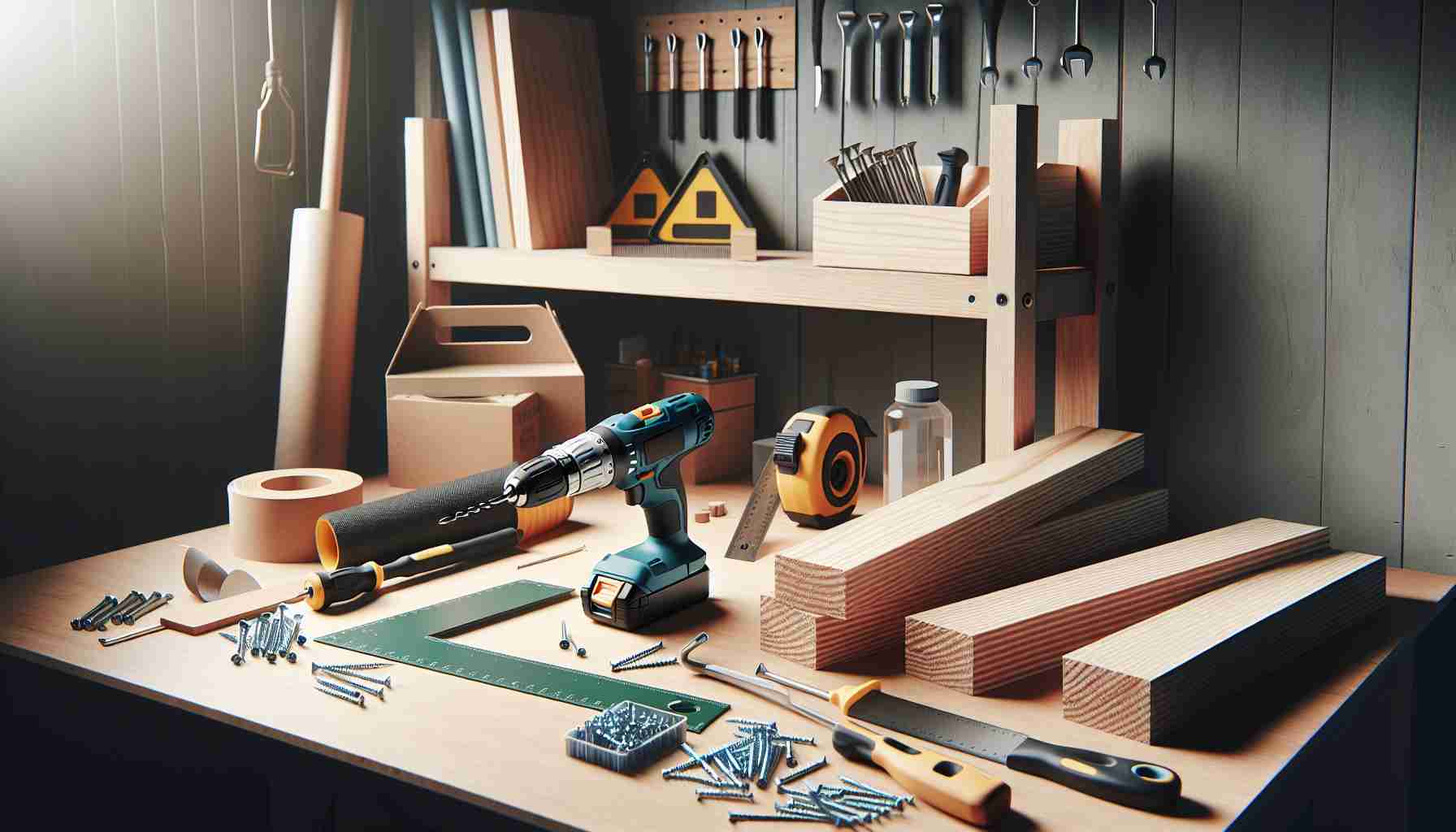 Create a realistic high-definition image showcasing a well-organized workspace. On the workbench, there should be a reliable, professional-grade power drill surrounded by various DIY (Do-It-Yourself) project materials such as wooden planks, a ruler, screws, and a box of nails. The workspace is well lit, highlighting the importance of the equipment being used. The overall atmosphere invokes a sense of empowerment to engage in creative DIY projects.